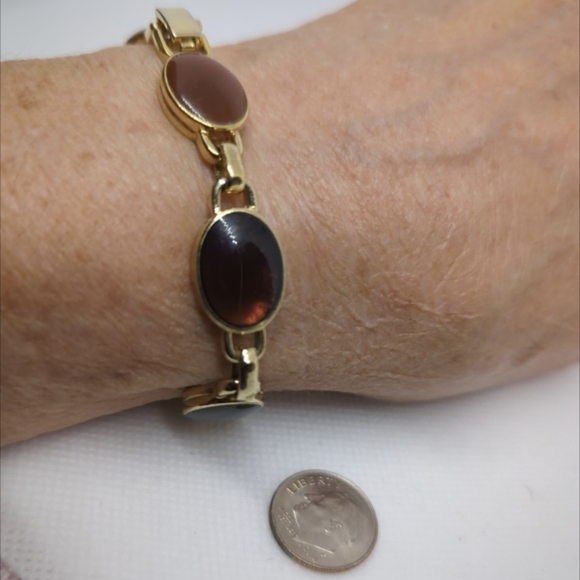 Vintage Bracelet Oval Tiger Eye Red Goldstone Emerald Fuchsite Glass Elegant  - Picture 8 of 13